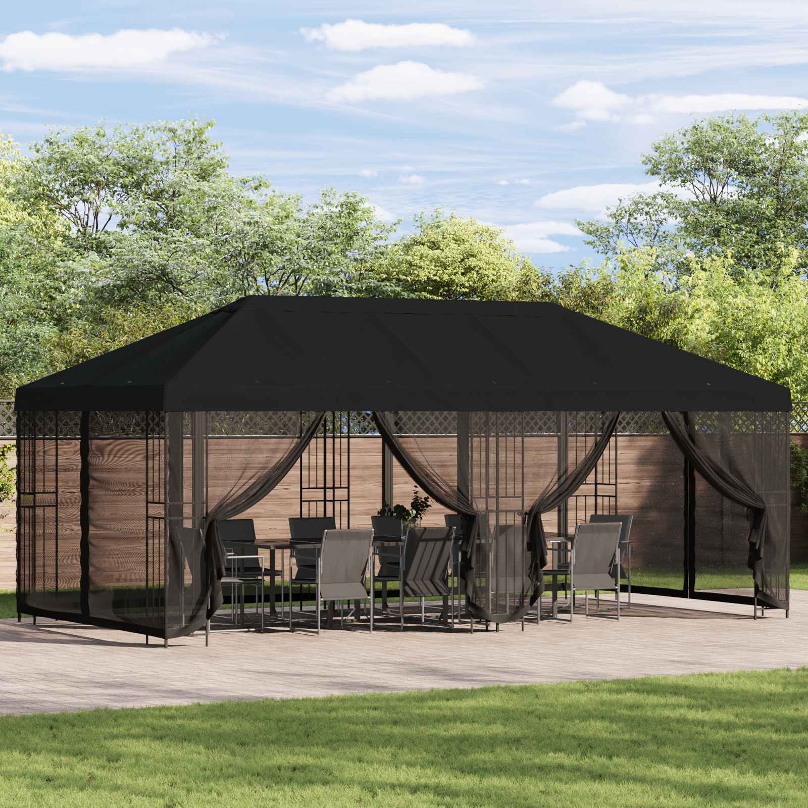 Paviljon s bočnim stranama 6 x 3 m Crna Poliester i čelik 190