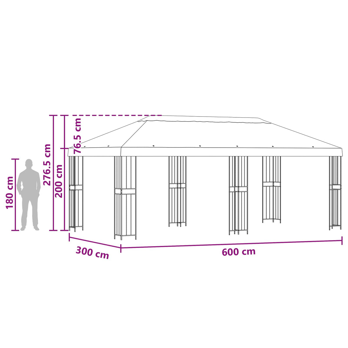 Paviljon s bočnim stranama 6 x 3 m Crna Poliester i čelik 190