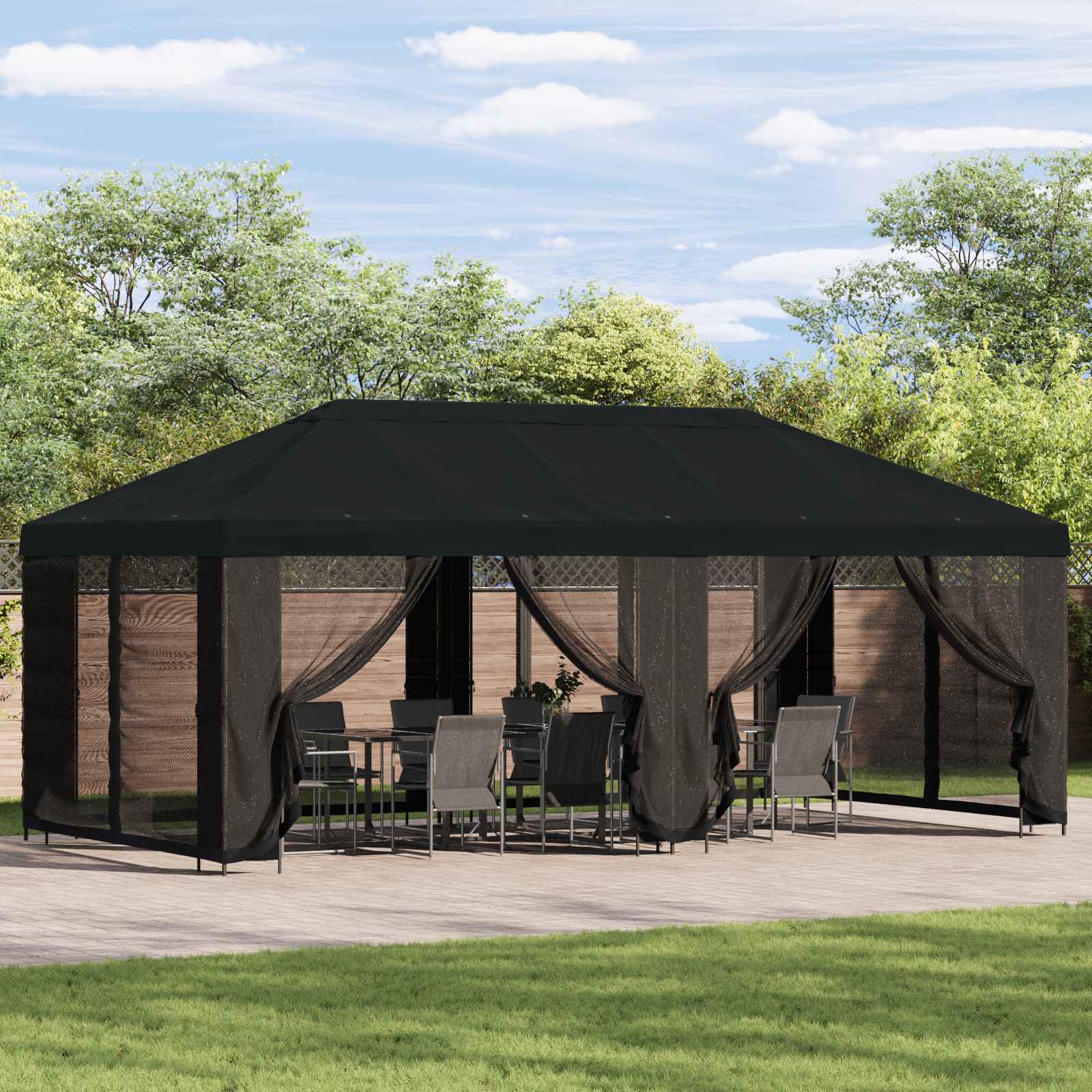 Paviljon s bočnim stranama 6 x 3 m Crna Poliester i čelik 190