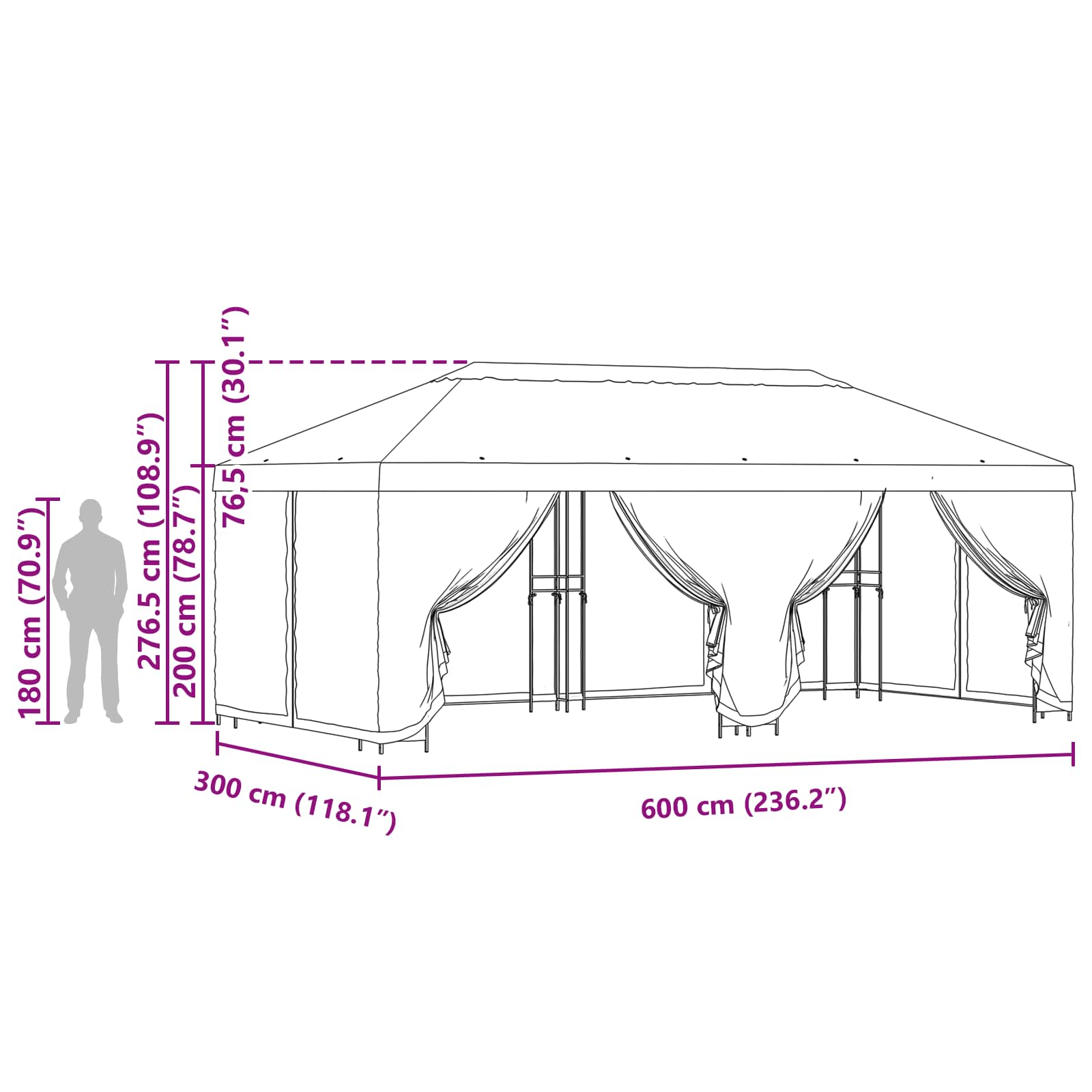 Paviljon s bočnim stranama 6 x 3 m Smeđa Poliester i čelik 190