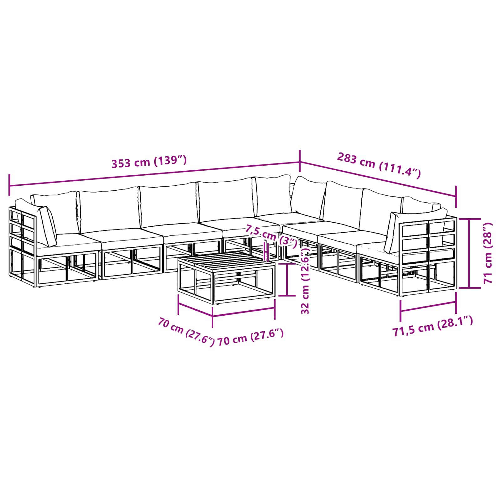 Sjedeća garnitura za vrt s jastukom 9 pcs Crna Aluminij