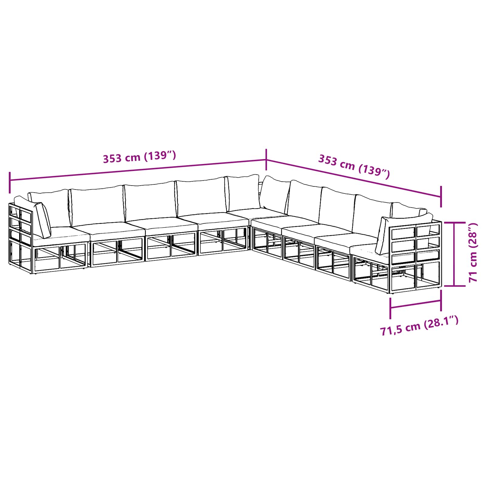 Sjedeća garnitura za vrt s jastukom 9 pcs Crna Aluminij
