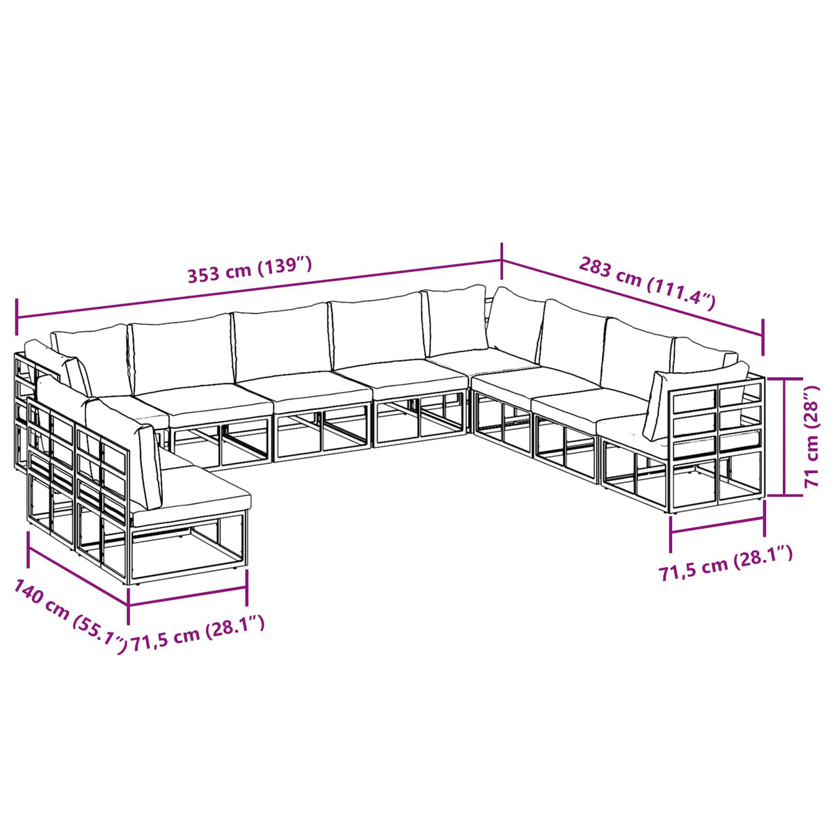 Sjedeća garnitura za vrt s jastukom 10 pcs Crna Aluminij