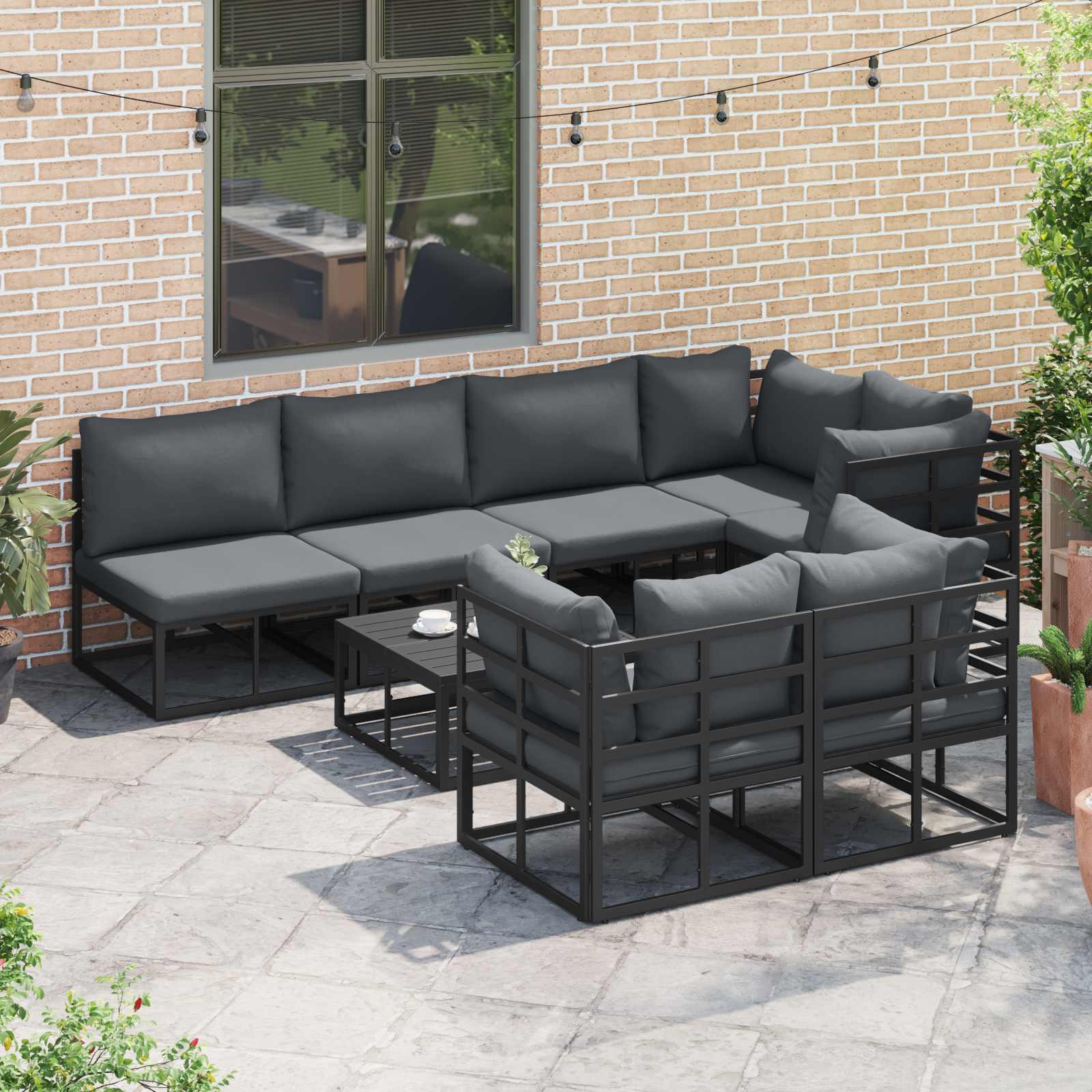 Sjedeća garnitura za vrt s jastukom 8 pcs Crna Aluminij