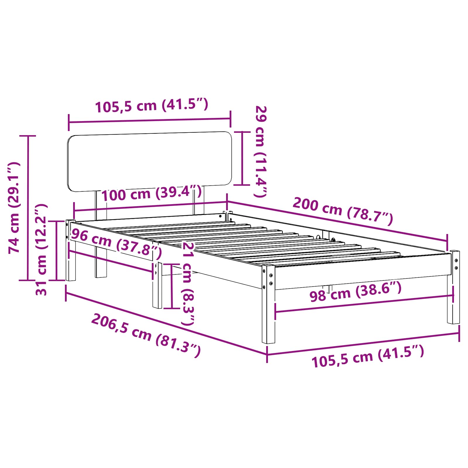Krevetna konstrukcija Prirodna 100 x 200 cm Čvrsto borovo drvo