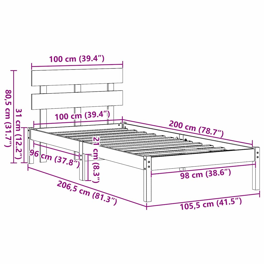 Krevetna konstrukcija Smeđa 100 x 200 cm Čvrsto borovo drvo