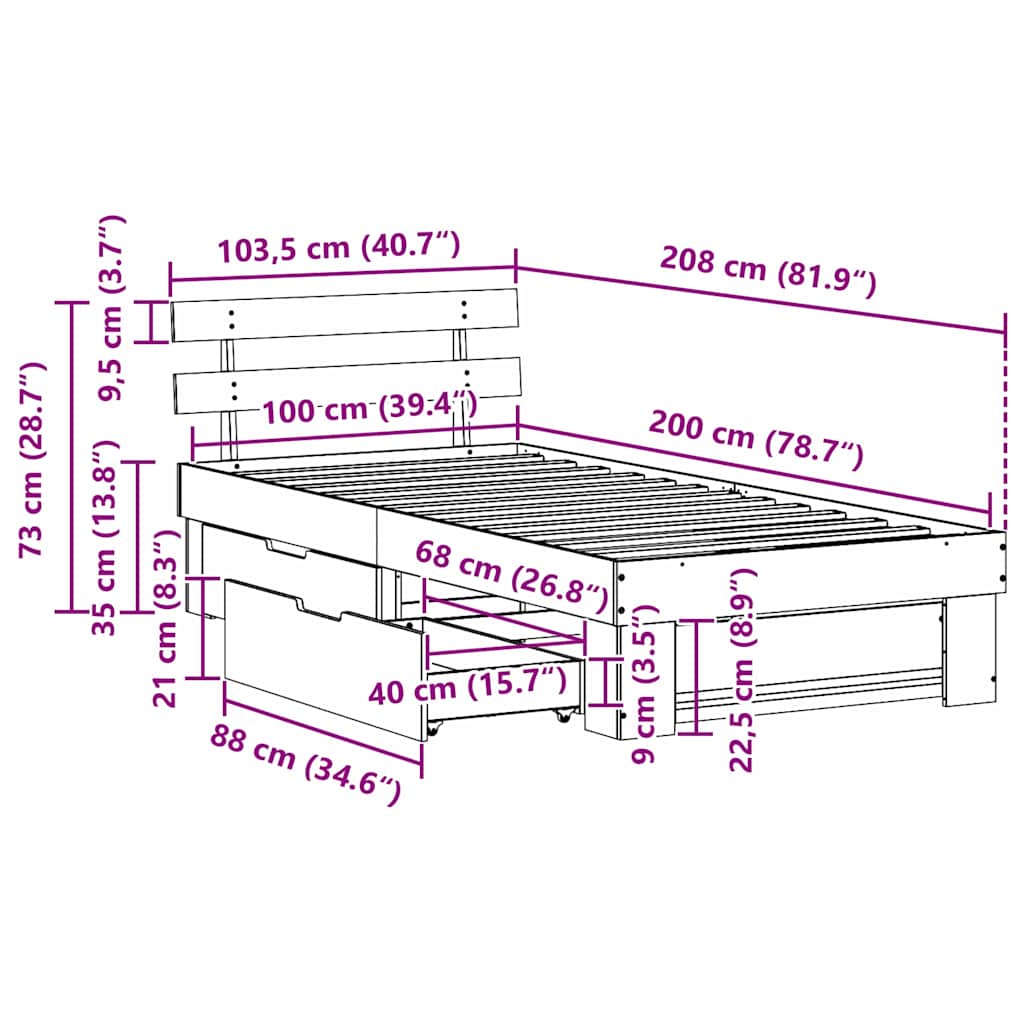 Krevetna konstrukcija Prirodna 100 x 200 cm Čvrsto borovo drvo