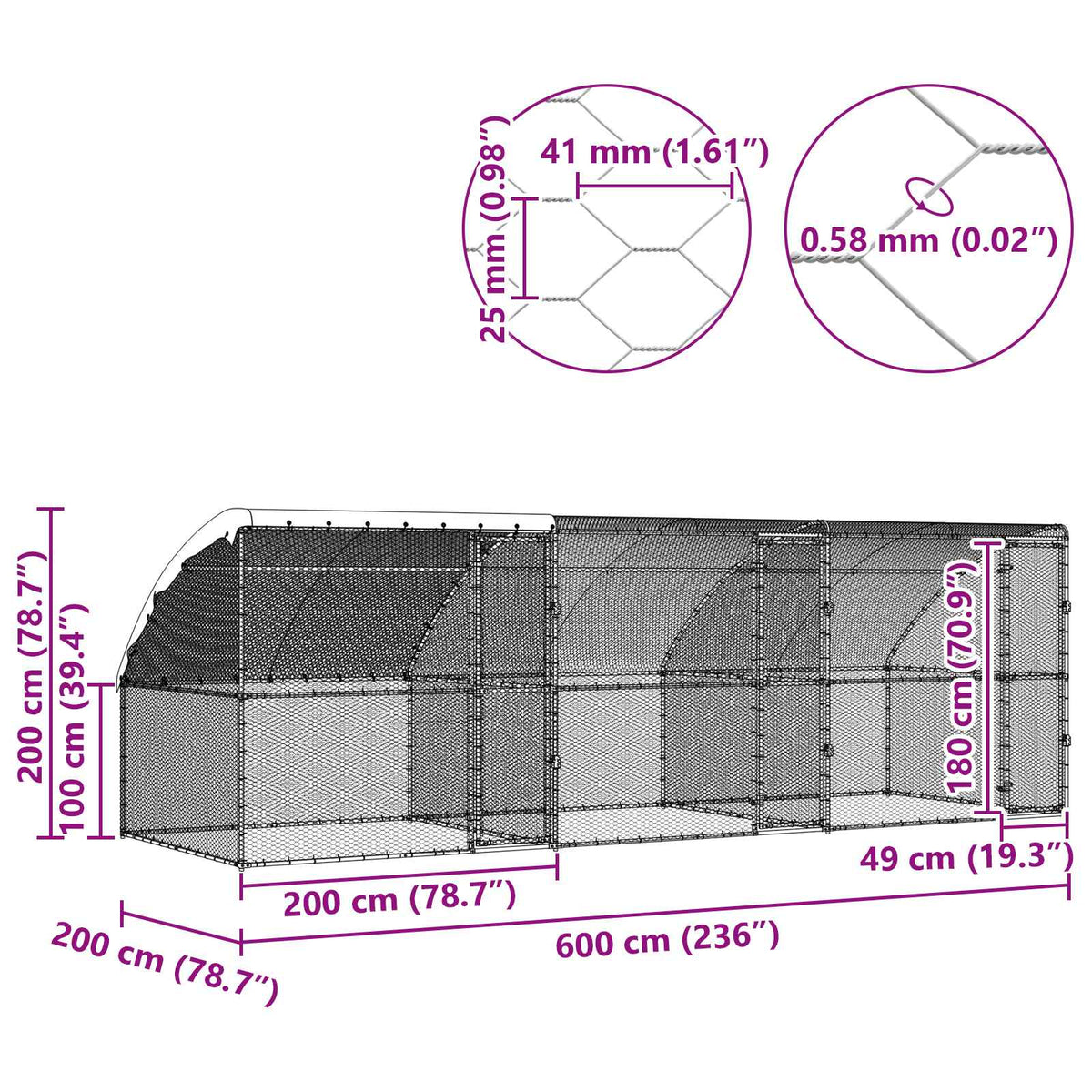 Kavez za piliće 3 pcs Srebrno 600 x 200 x 200 cm Čelik i PE