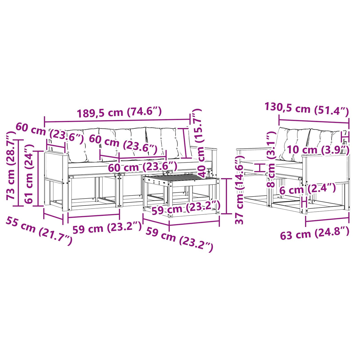 Set vanjskih sofa 6 kom. Prirodna i crna
