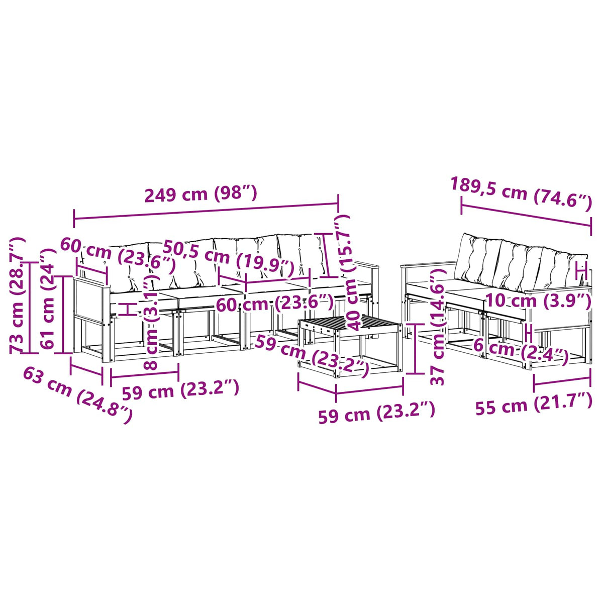 Set vanjskih sofa 8 kom. Prirodna i crna
