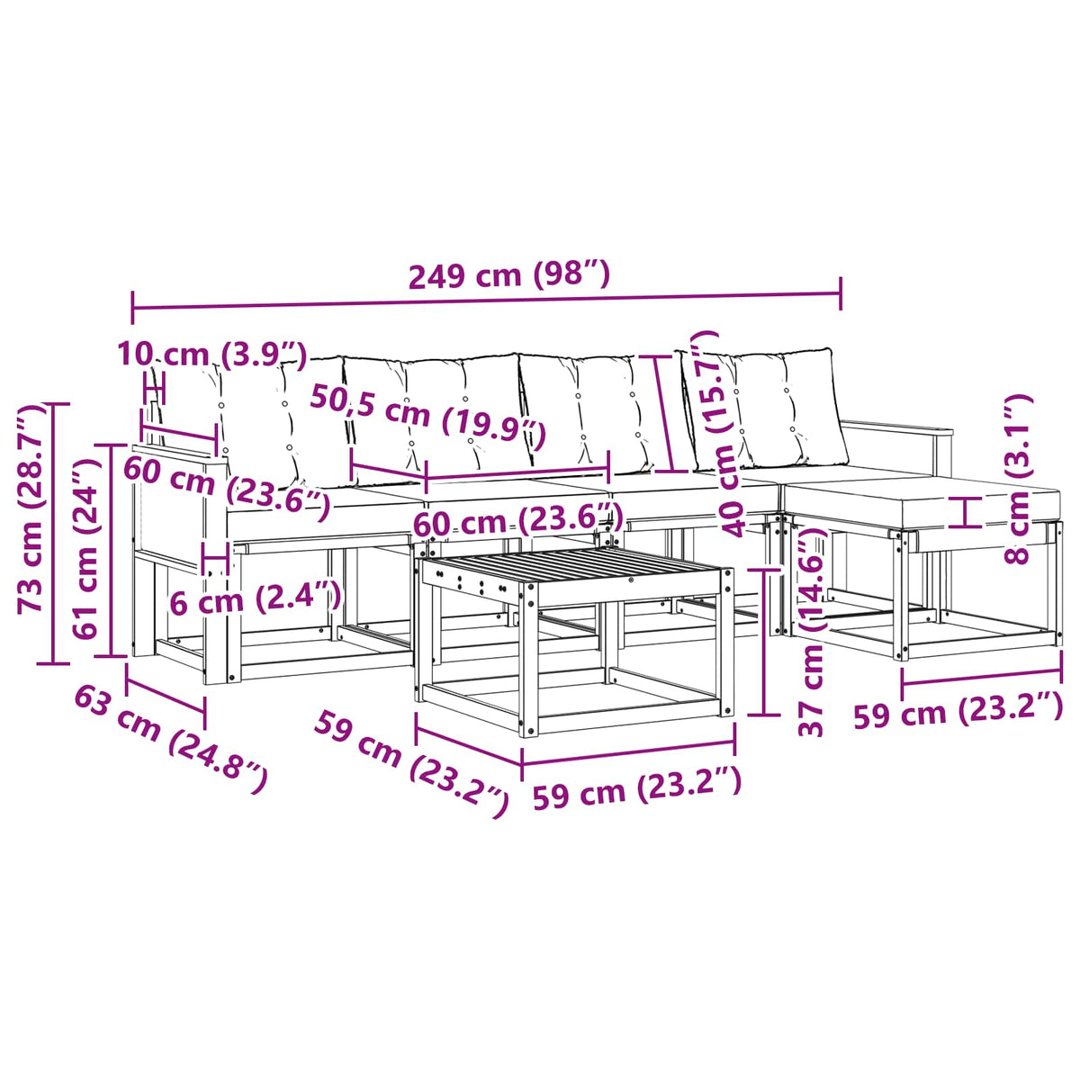 Set vanjskih sofa 6 kom. Prirodna i crna