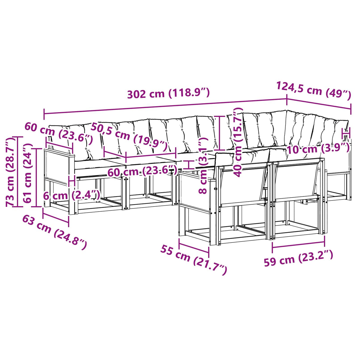 Set vanjskih sofa 8 kom. Prirodna i svjetlosiva Smeđa 302 x 124,5 x 73 cm