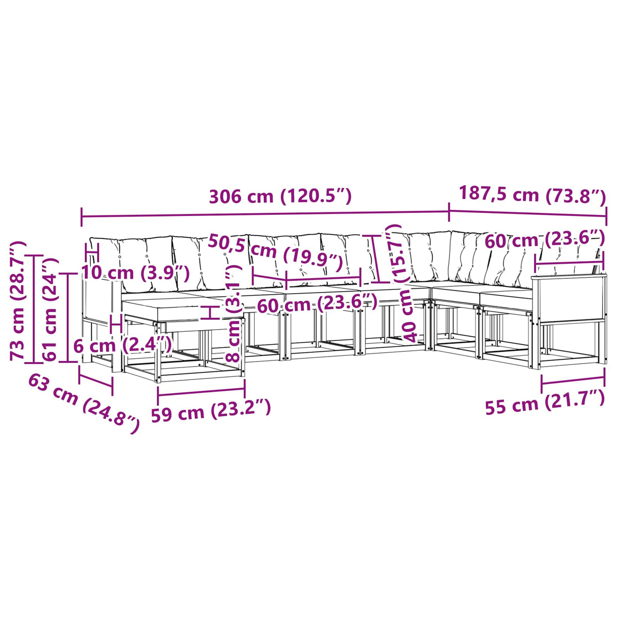 Set vanjskih sofa s jastukom 8 pcs Prirodna i Svjetlosiva