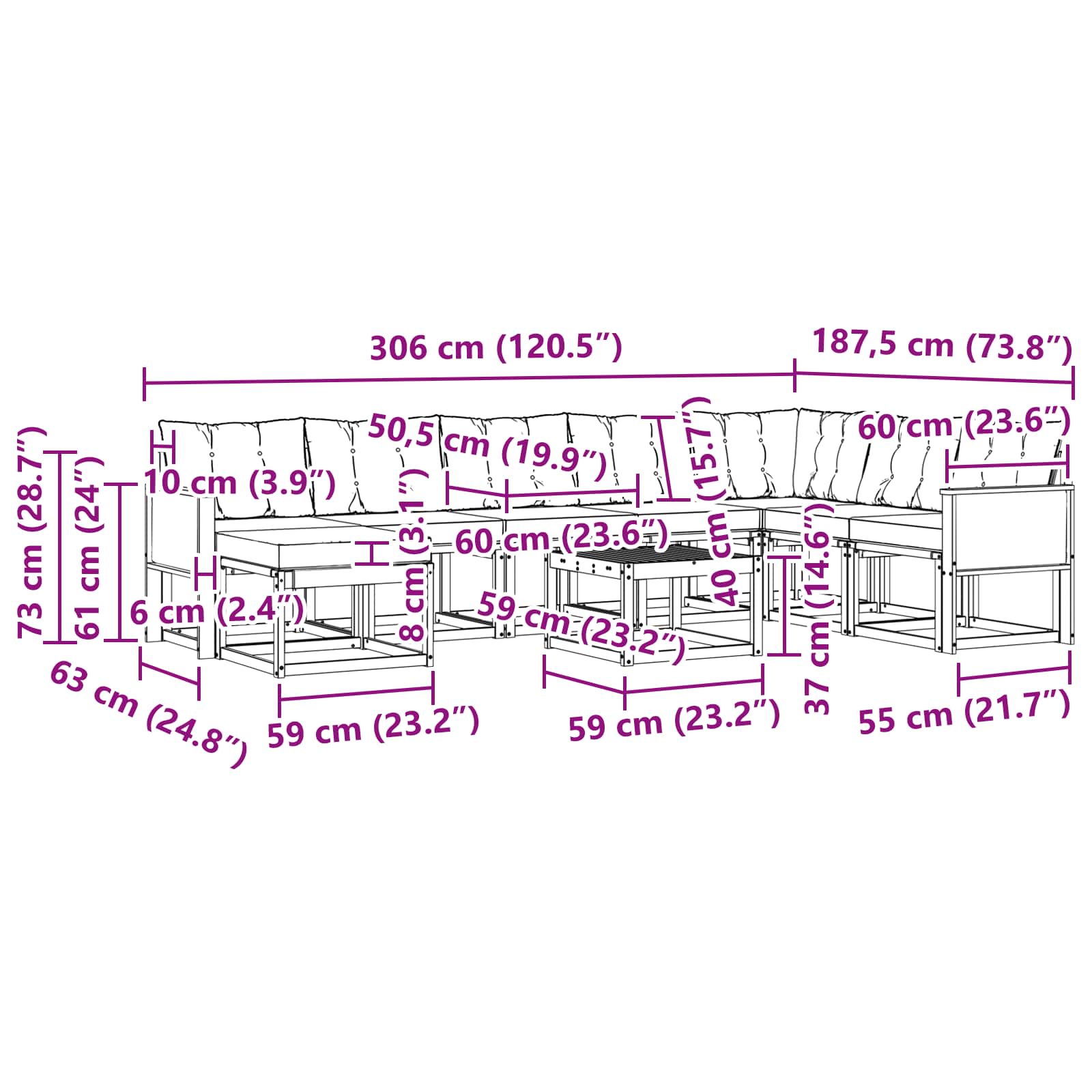 Set vanjskih sofa s jastukom 9 pcs Prirodna i Svjetlosiva