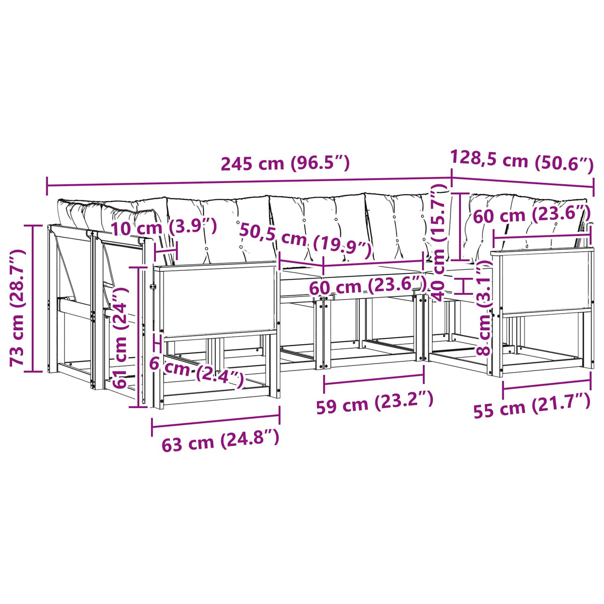 Set vanjskih sofa 6 kom. Prirodna i krem Smeđa 245 x 128,5 x 73 cm