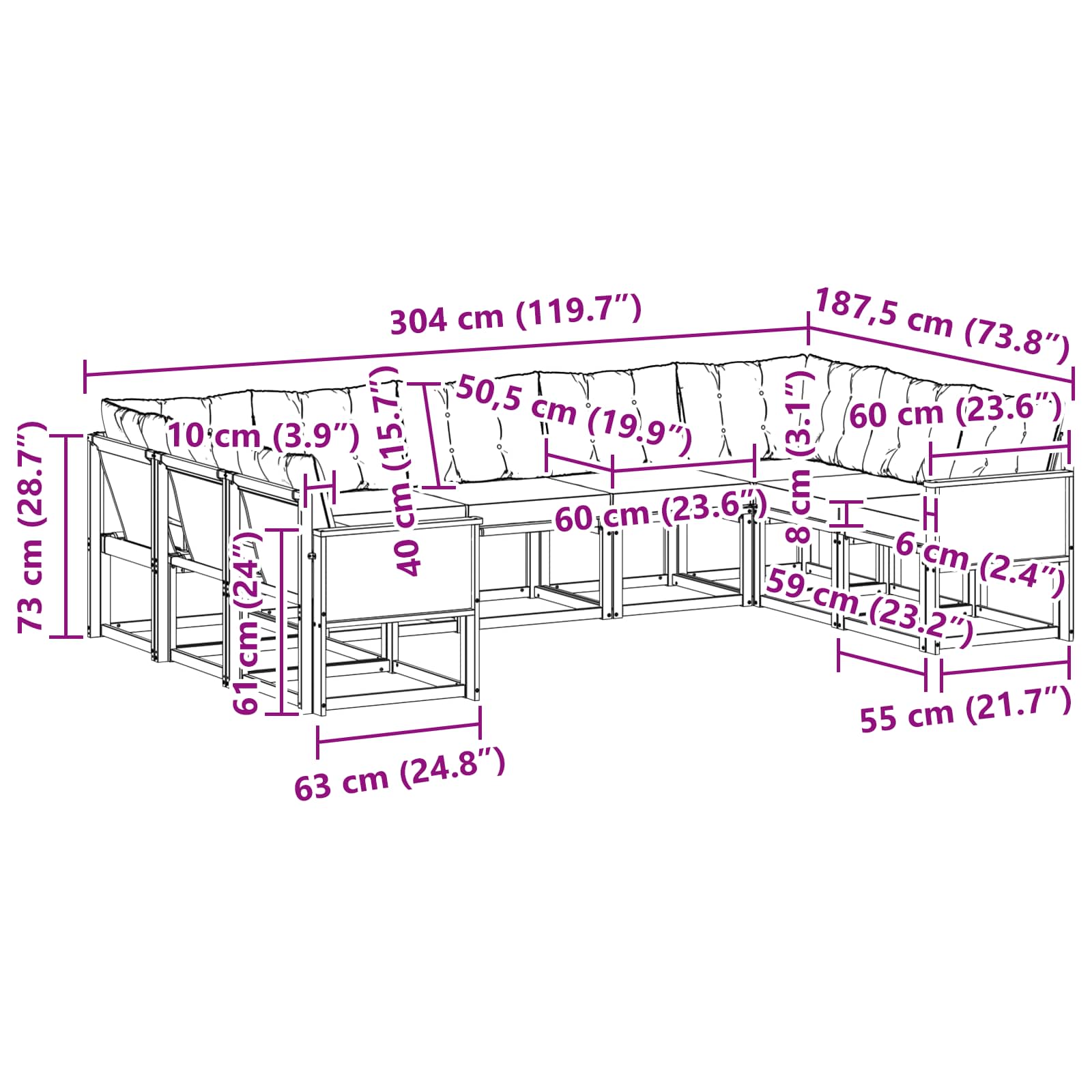 Set vanjskih sofa s jastukom 9 pcs Prirodna i Svjetlosiva