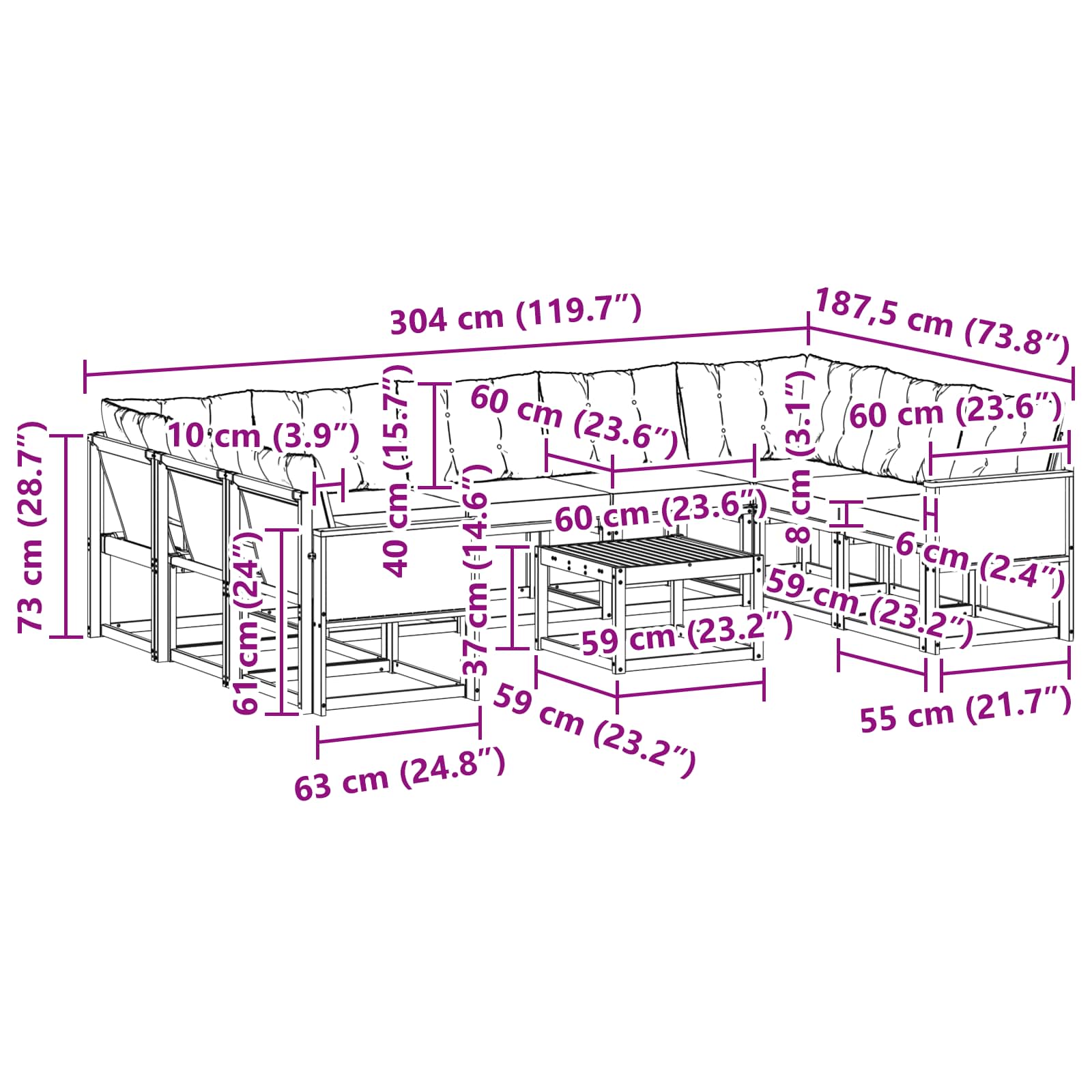 Set vanjskih sofa s jastukom 10 pcs Prirodna i Svjetlosiva