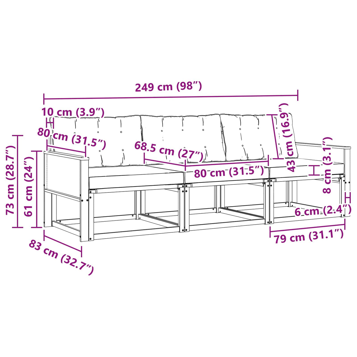 Set vanjskih sofa s jastukom 3 pcs Prirodna i svjetlosiva