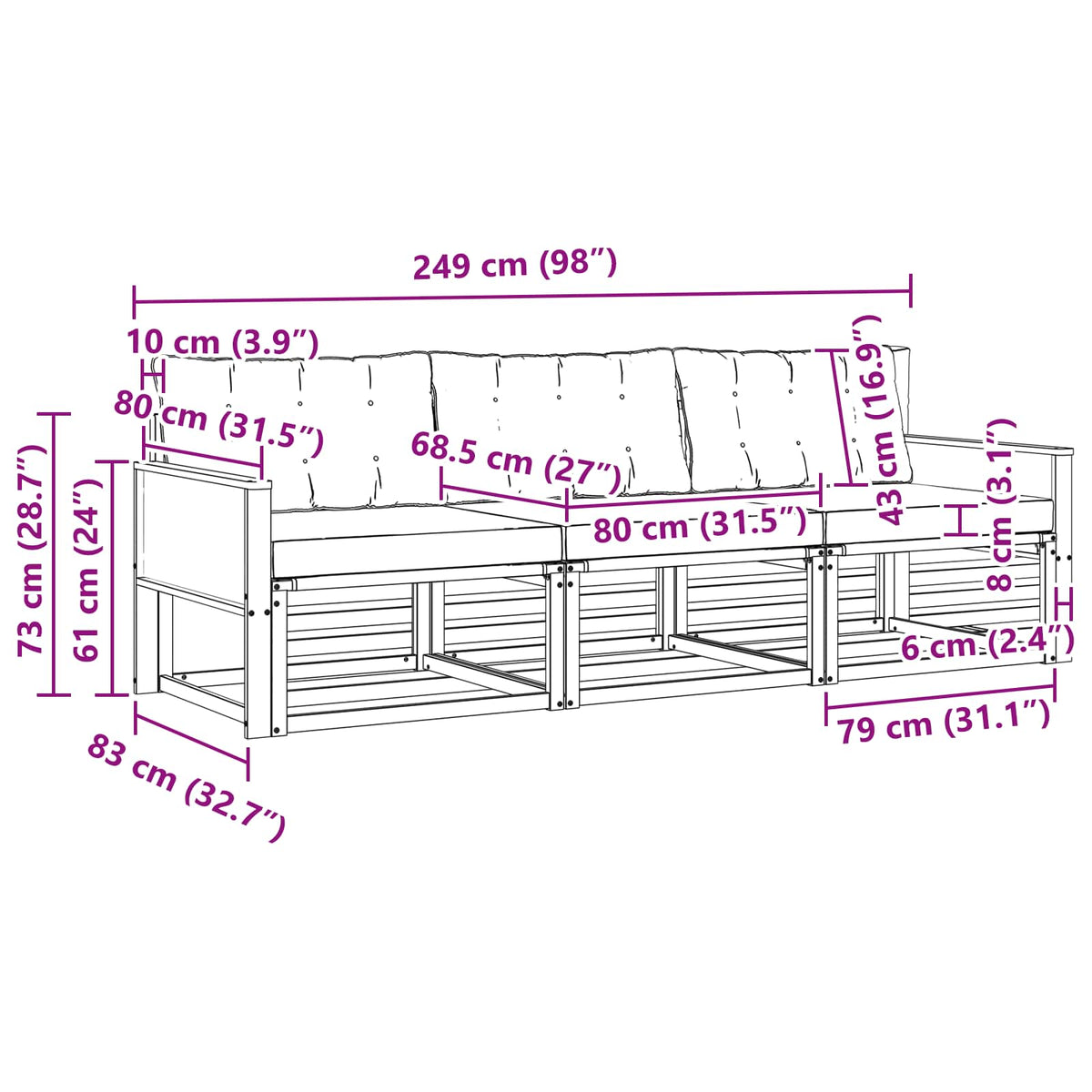 Set vanjskih sofa s jastukom 3 pcs Prirodna i svjetlosiva