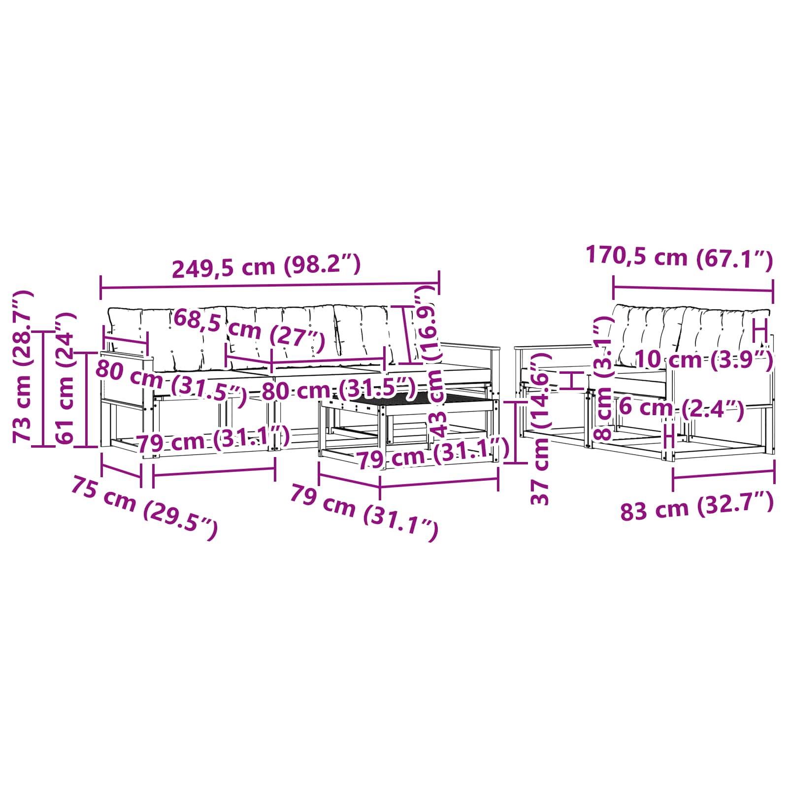 Set vanjskih sofa s jastukom 6 pcs Prirodna i svjetlosiva