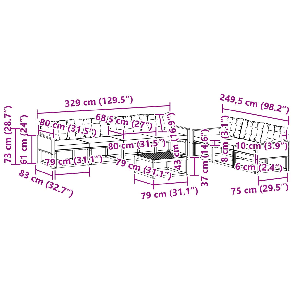 Set vanjskih sofa s jastukom 8 pcs Prirodna i svjetlosiva
