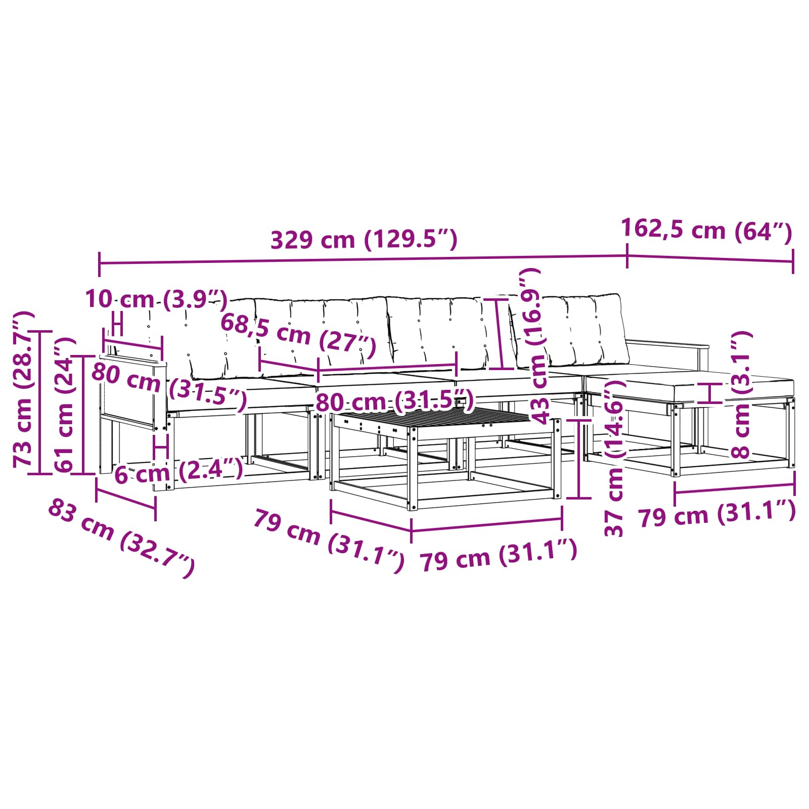 Set vanjskih sofa s jastukom 6 pcs Prirodna i svjetlosiva