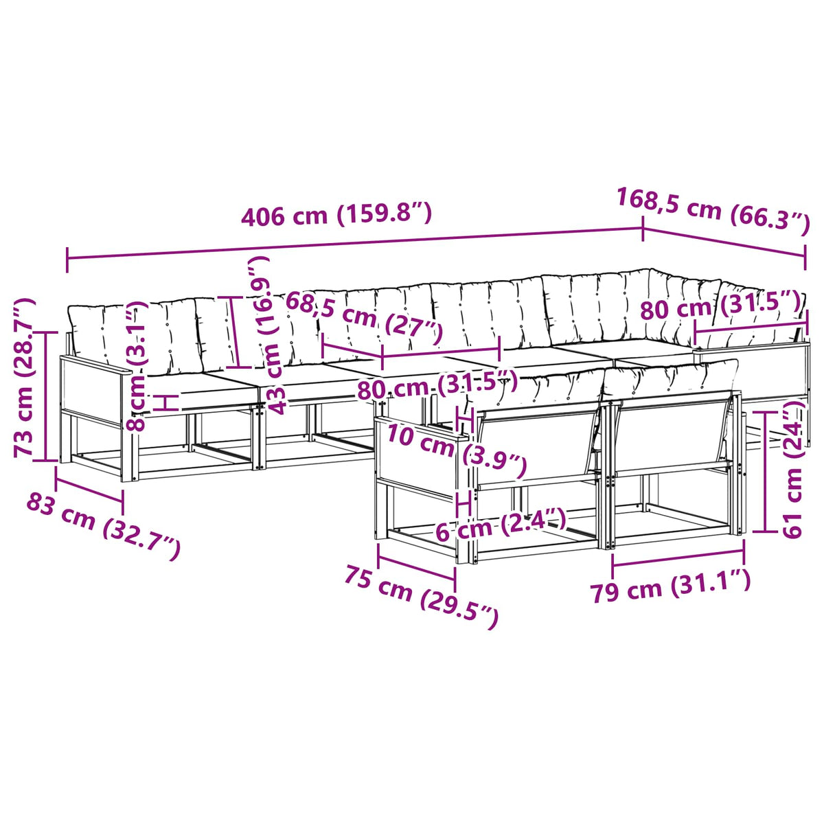 Set vanjskih sofa 8 kom. Prirodna i crna