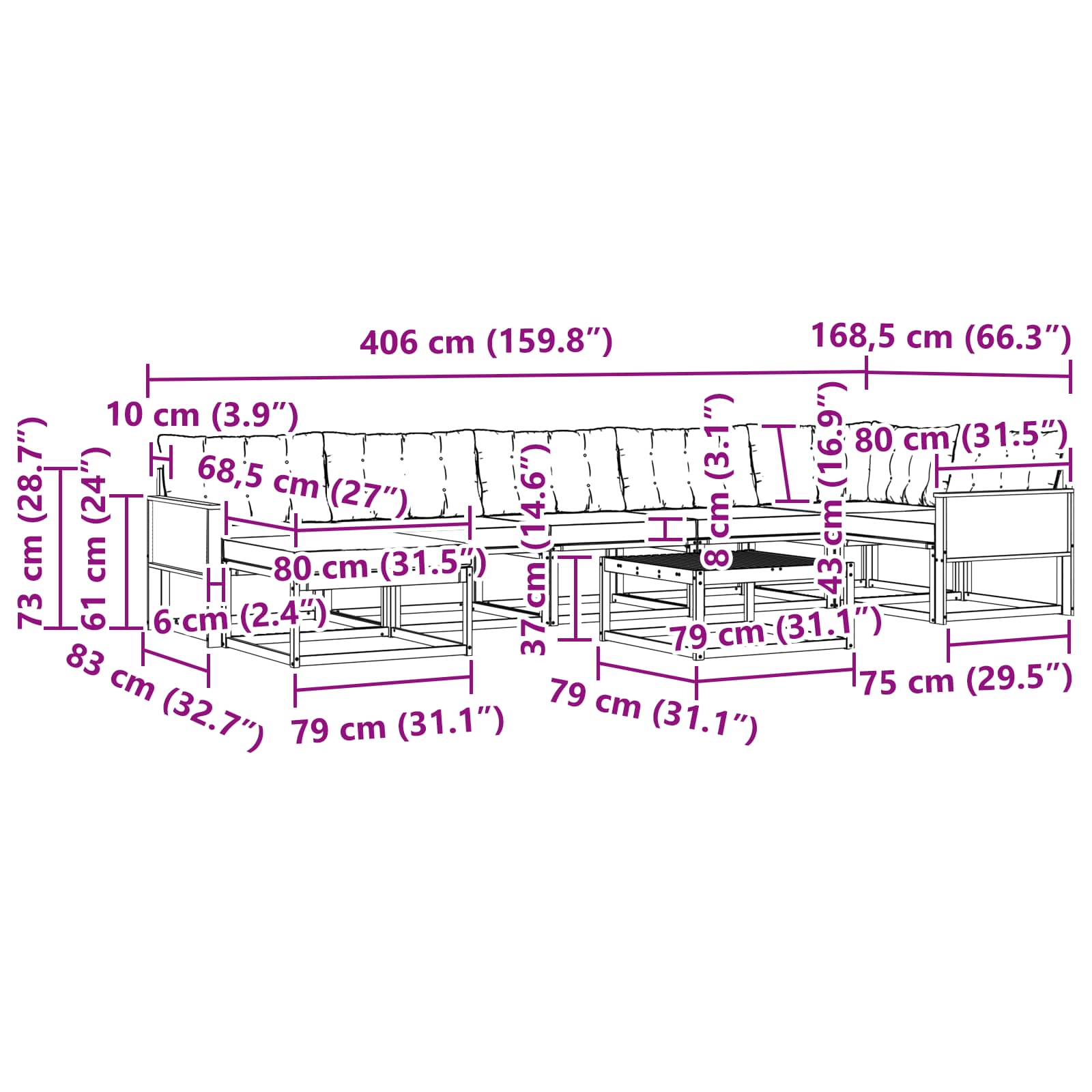 Set vanjskih sofa 8 pcs Prirodna i bež Čvrsto drvo akacije