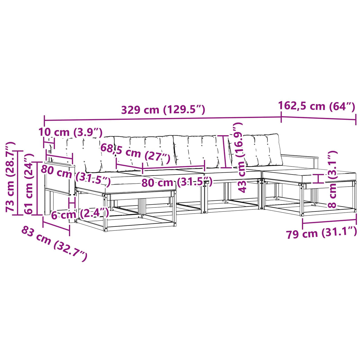 Set vanjskih sofa 6 kom. Prirodna i crna