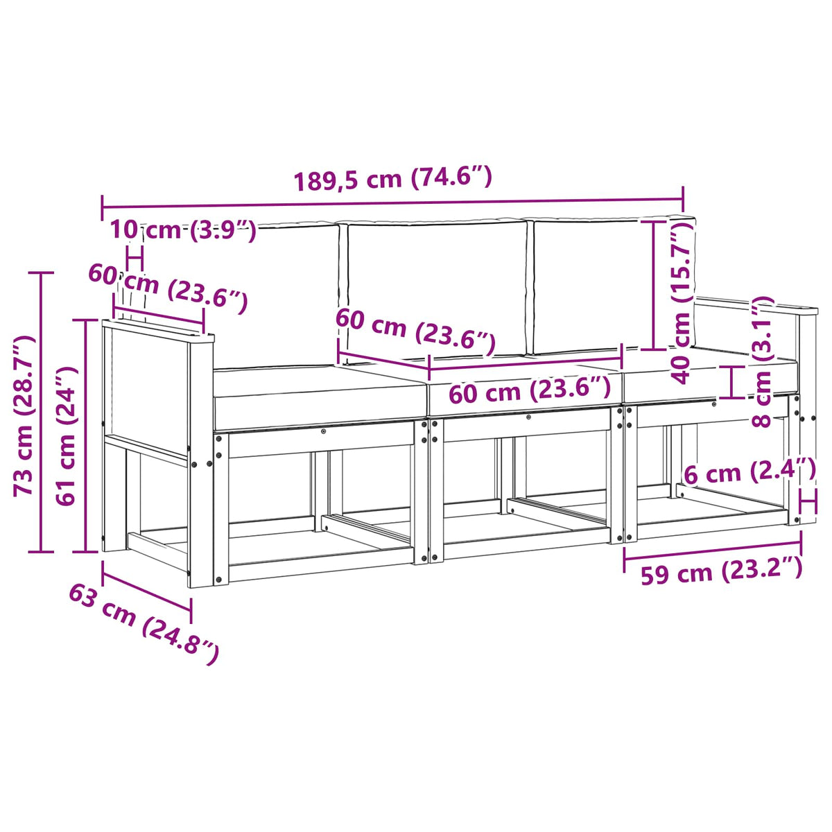 Set vanjskih sofa s jastukom 3 pcs Prirodna i svjetlosiva