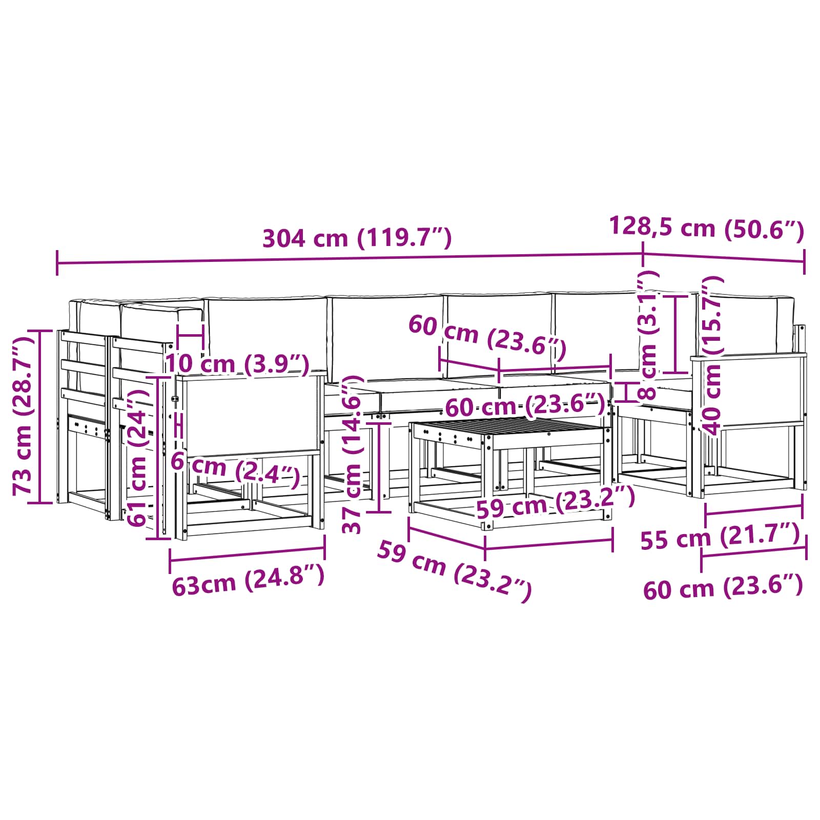Set vanjskih sofa s jastukom 6 pcs