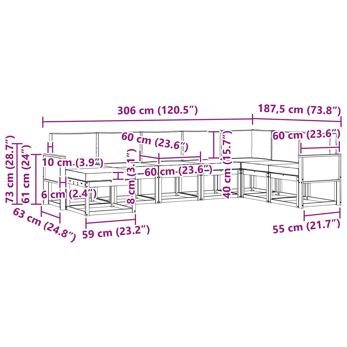 Set vanjskih sofa 8 pcs Prirodna i antracit 306 x 187,5 x 73 cm