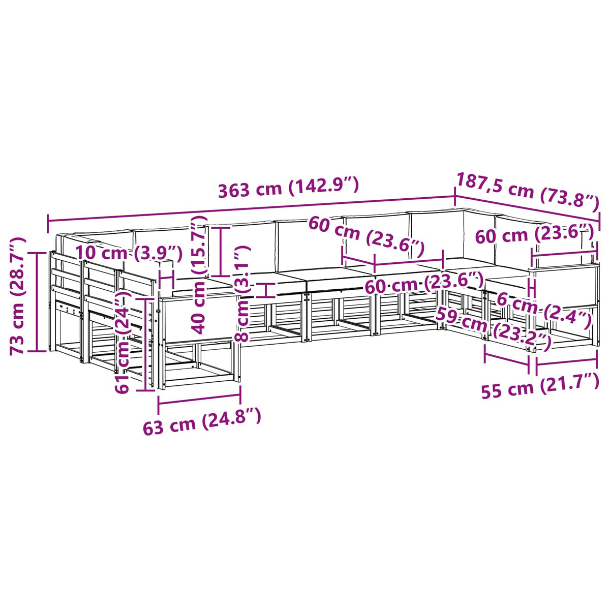 Set vanjskih sofa 10 kom. Prirodna i svjetlosiva Smeđa 363 x 187,5 x 73 cm