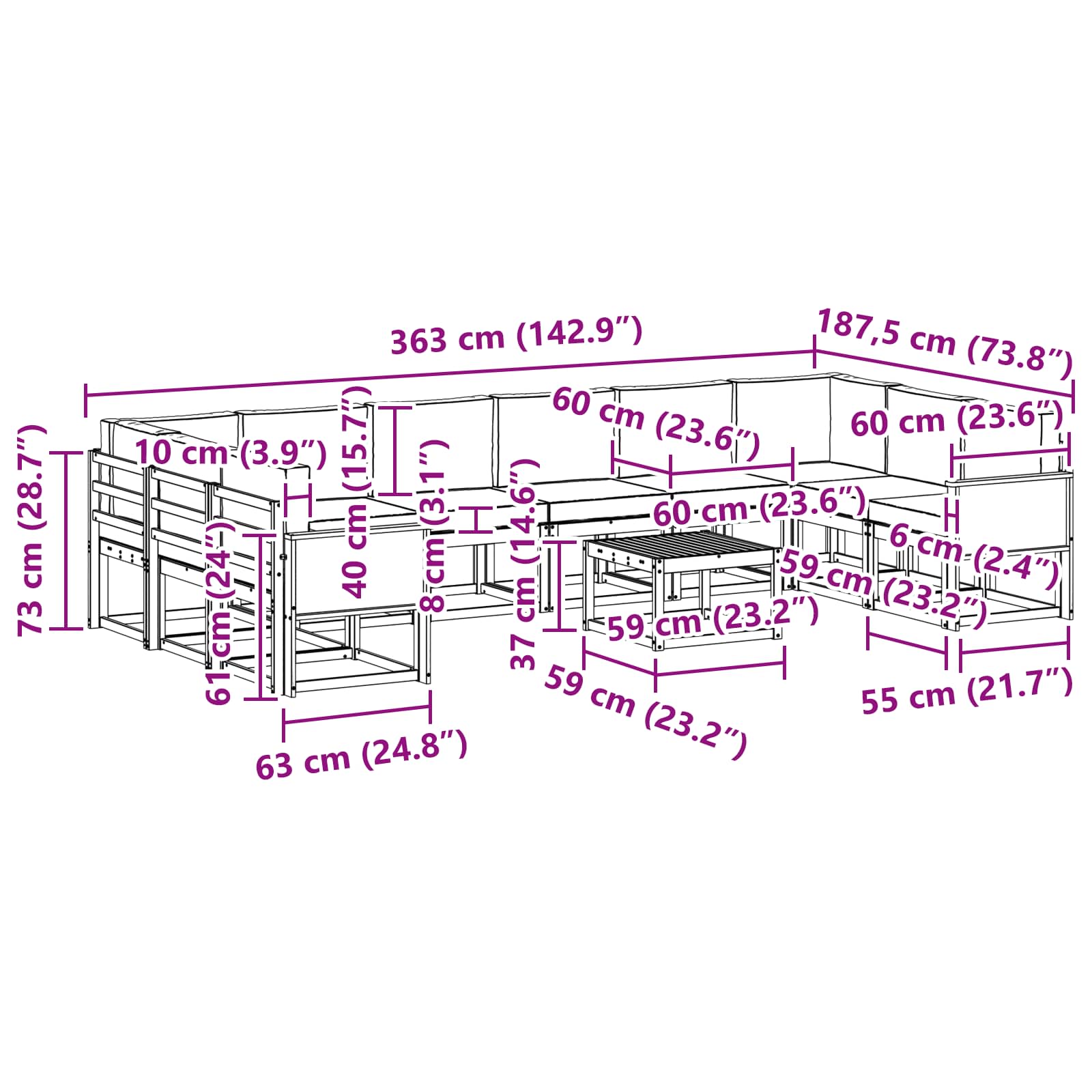 Set vanjskih sofa s jastukom 11 pcs Prirodna i svjetlosiva
