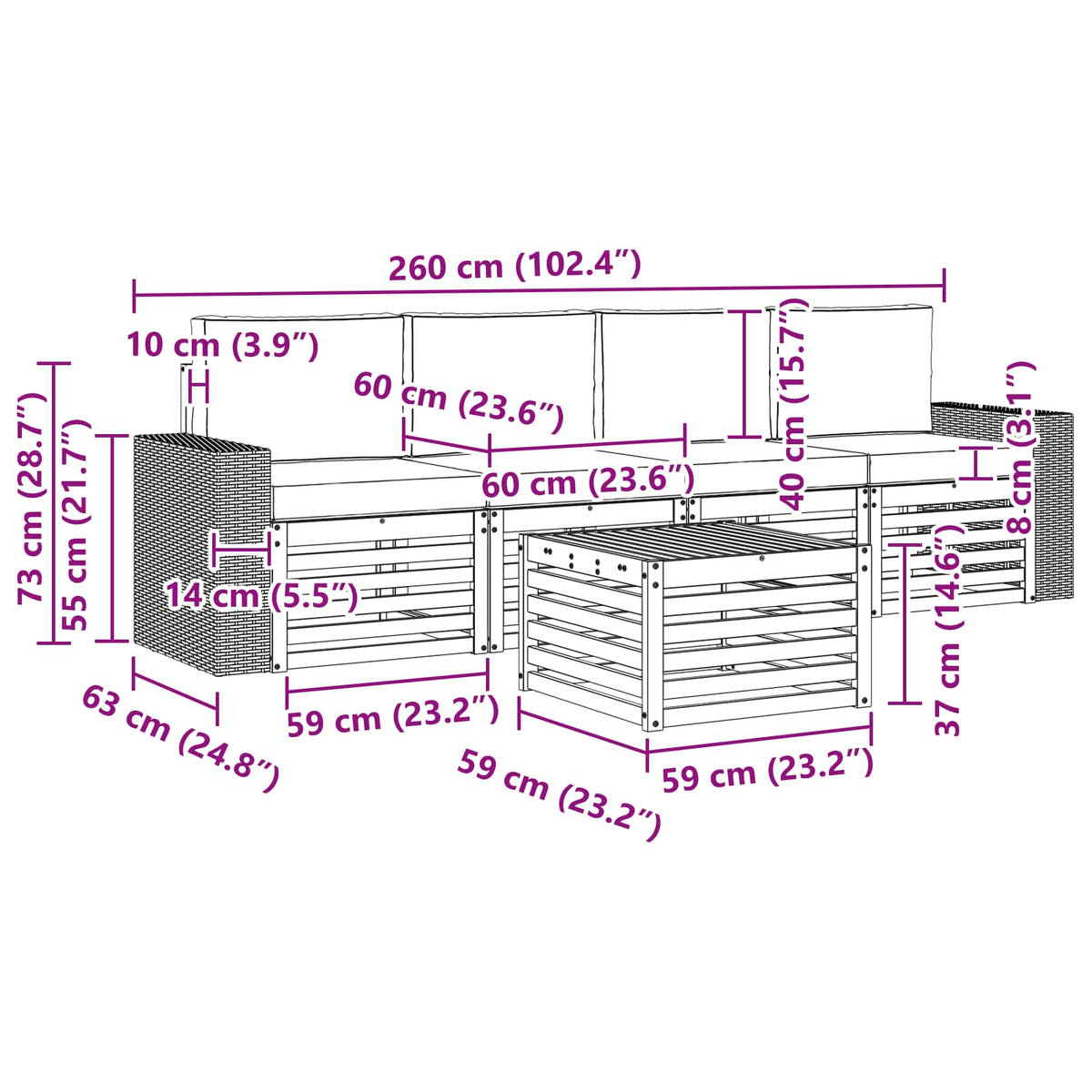 Set vanjskih sofa 5 kom. Prirodna i krem Čvrsto drvo akacije