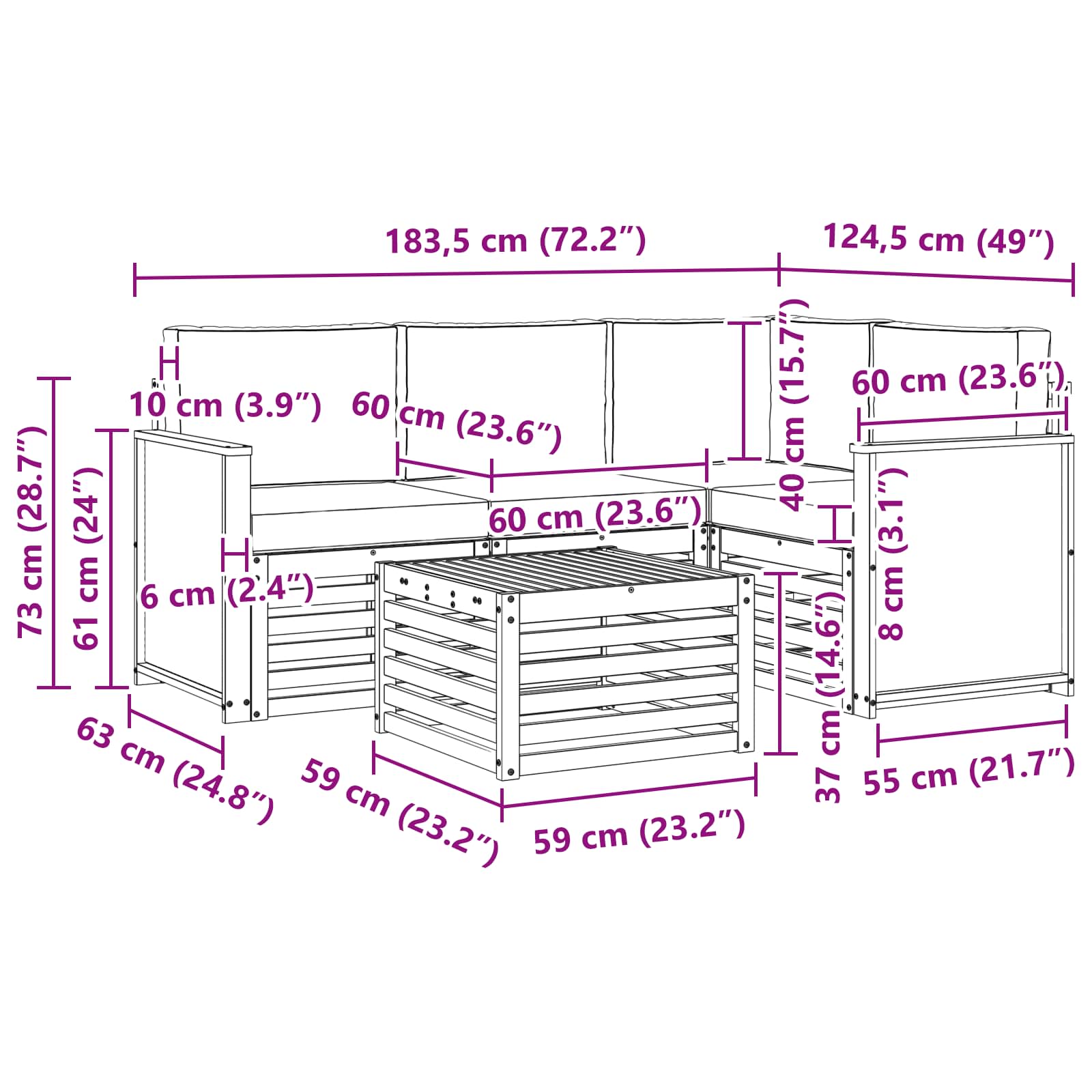 Set vanjskih sofa 5 pcs Prirodna i svjetlosiva 59 x 59 x 37 cm