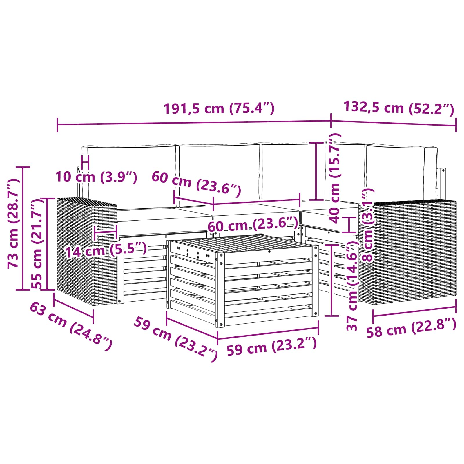 Set vanjskih sofa 5 pcs Prirodna i antracit 59 x 59 x 37 cm