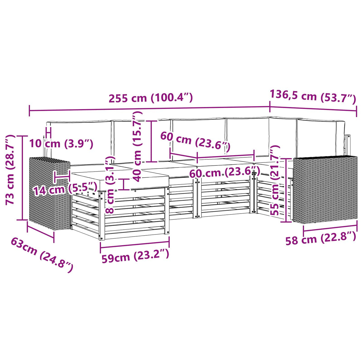Set vanjskih sofa 6 kom. Prirodna i svjetlosiva Poliester 255 x 136,5 x 73 cm