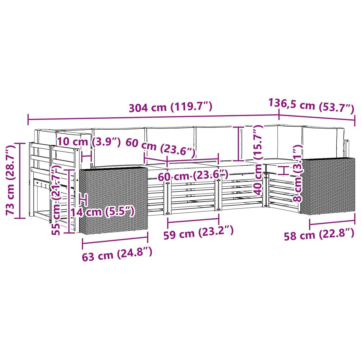 Sekcijska garnitura 7 pcs Prirodna i svjetlosiva Poliester