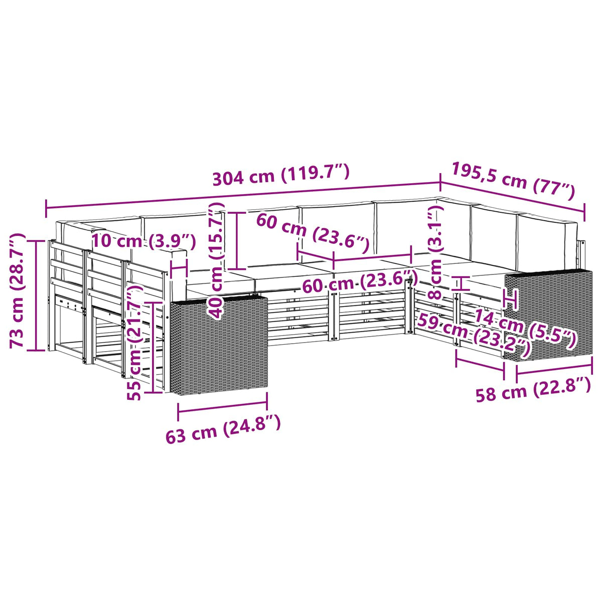 Sekcijska garnitura 9 pcs Prirodna i svjetlosiva Poliester