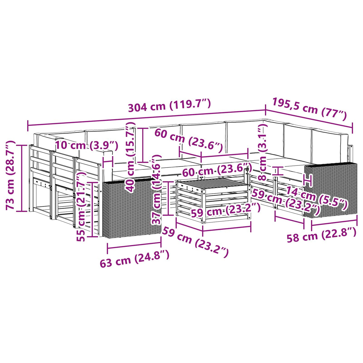 Setovi sofa 10 pcs Prirodna i svjetlosiva Čvrsto drvo akacije