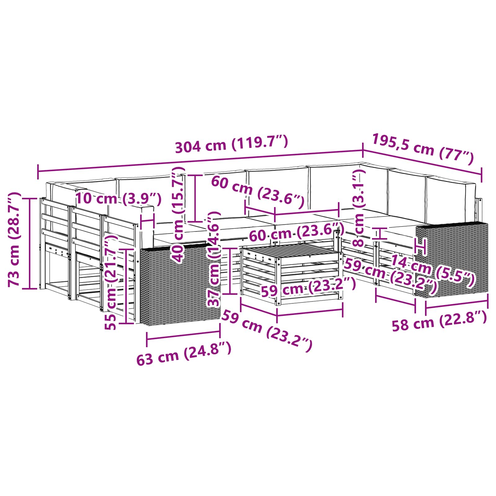 Setovi sofa 10 pcs Prirodna i krem Čvrsto drvo akacije