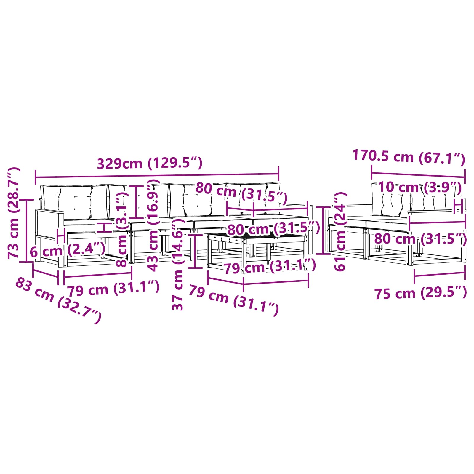 Set vanjskih sofa s jastukom 7 pcs Prirodna i Svjetlosiva