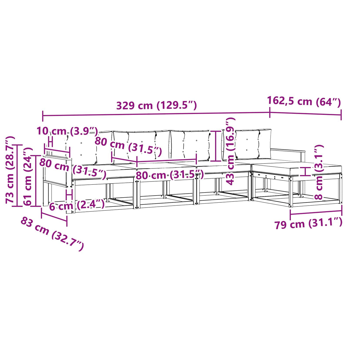 Set vanjskih sofa s jastukom 5 pcs Prirodna i Svjetlosiva