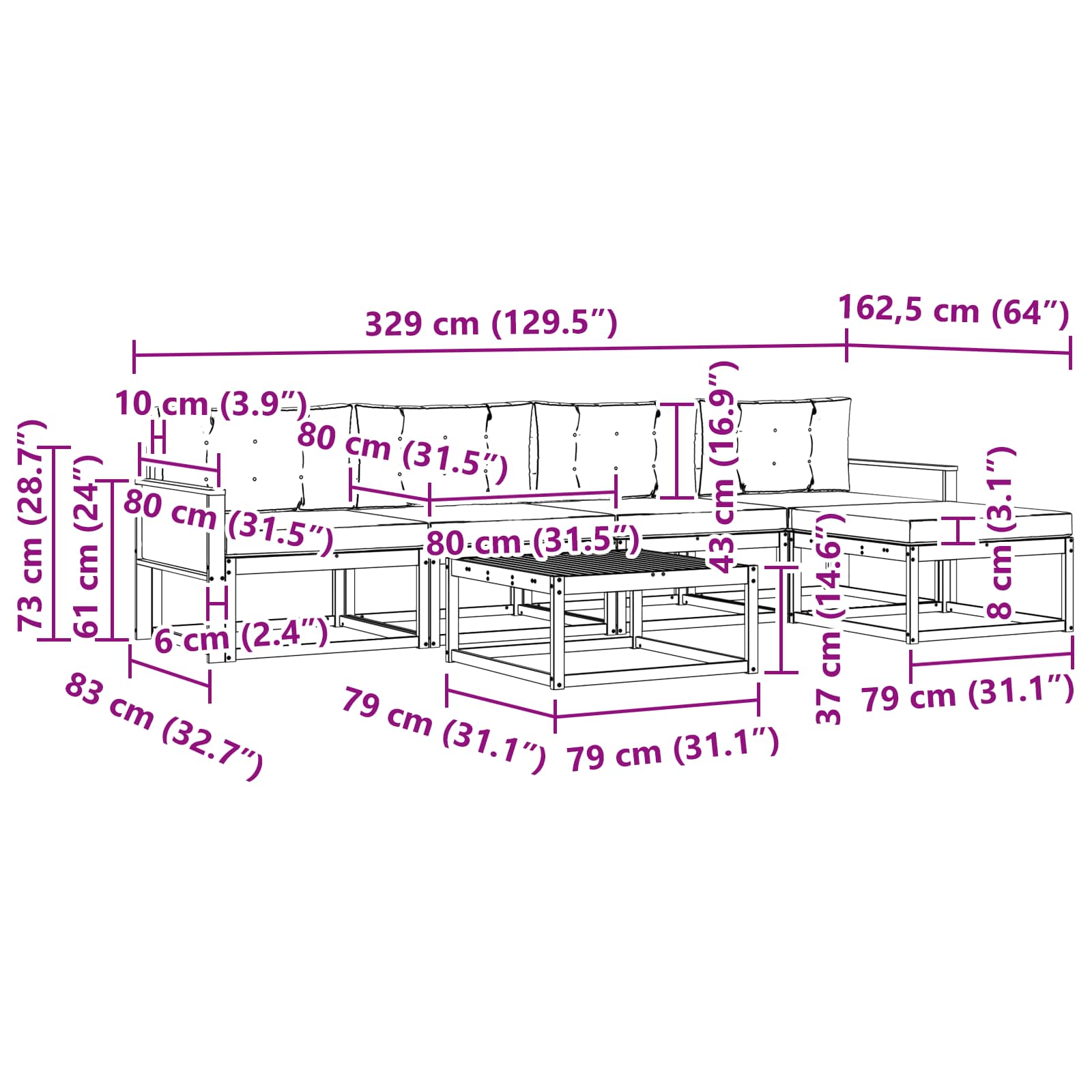 Set vanjskih sofa s jastukom 6 pcs Prirodna i Svjetlosiva