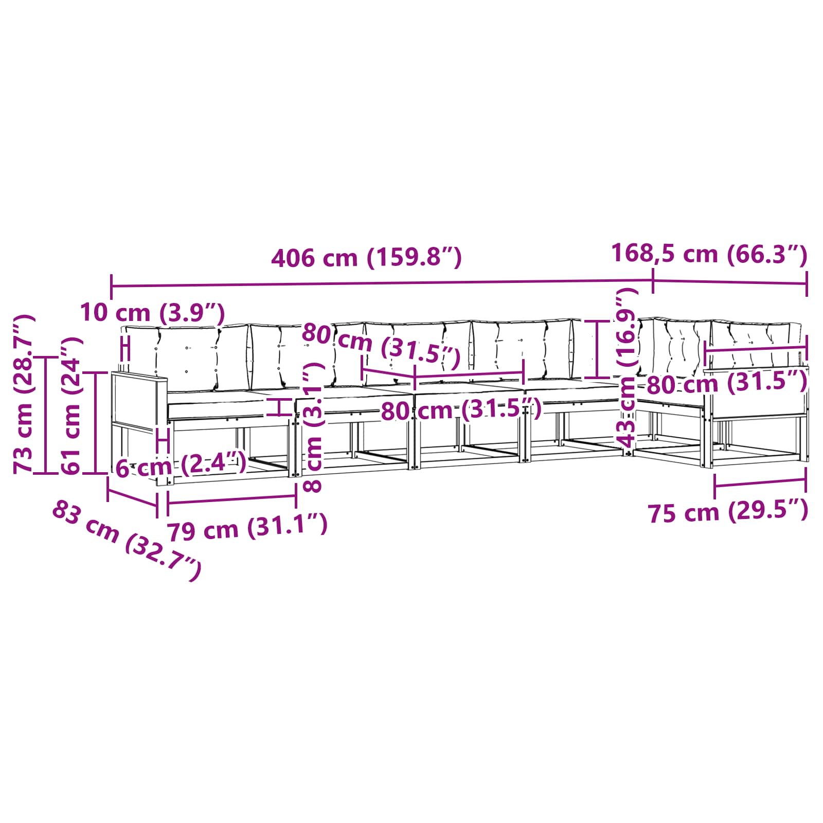 Set vanjskih sofa s jastukom 6 pcs Prirodna i Svjetlosiva