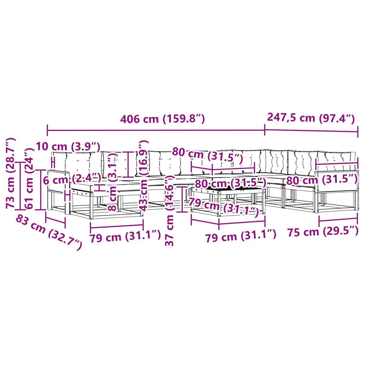 Set vanjskih sofa 9 pcs Prirodna i krem