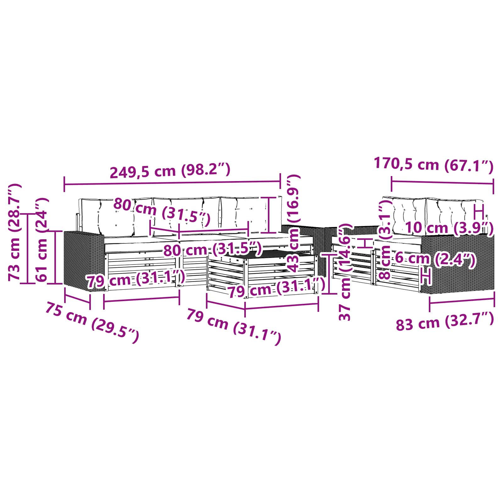 Set vanjskih sofa 6 pcs Prirodna i svjetlosiva