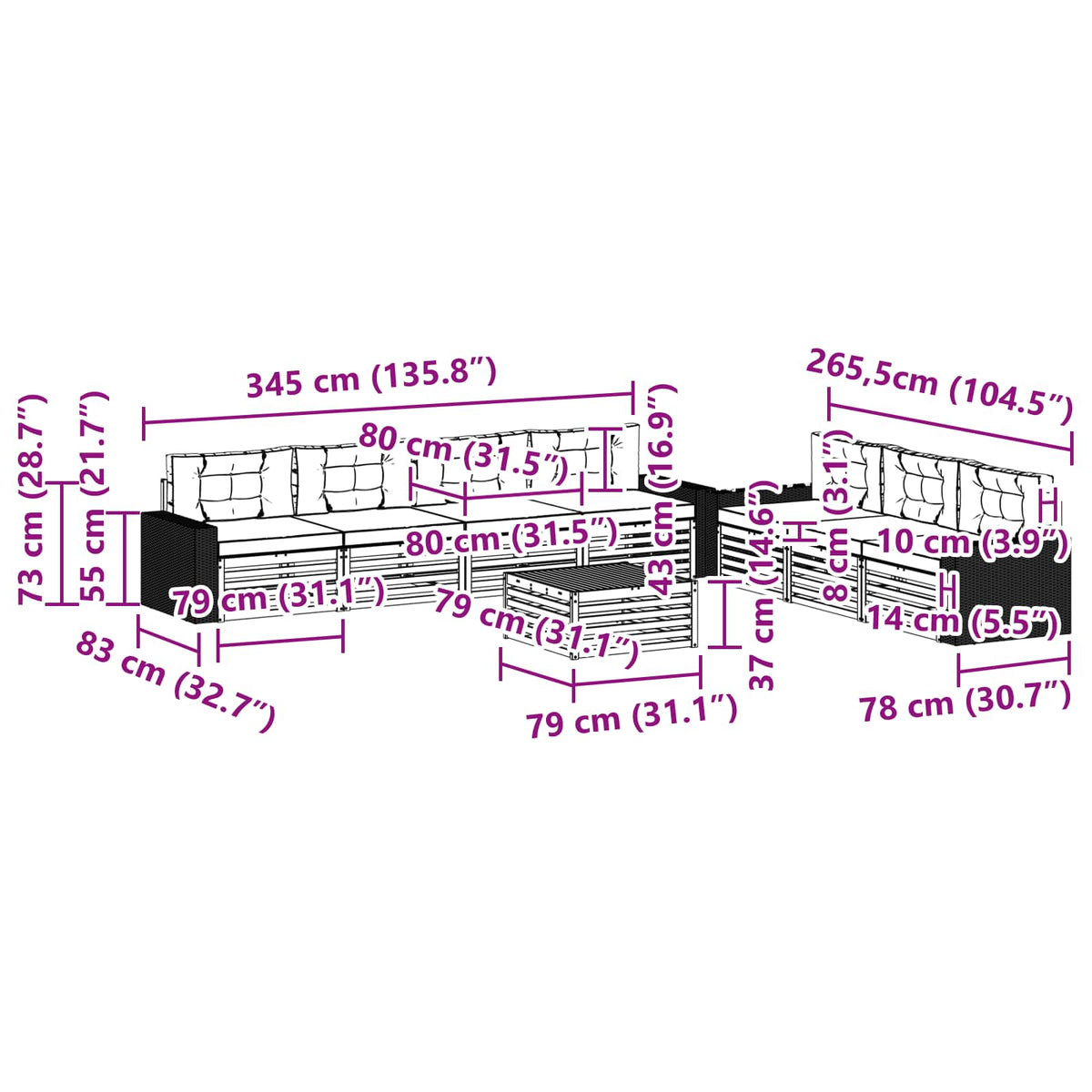 Set vanjskih sofa 8 pcs Prirodna i krem 79 x 79 x 37 cm