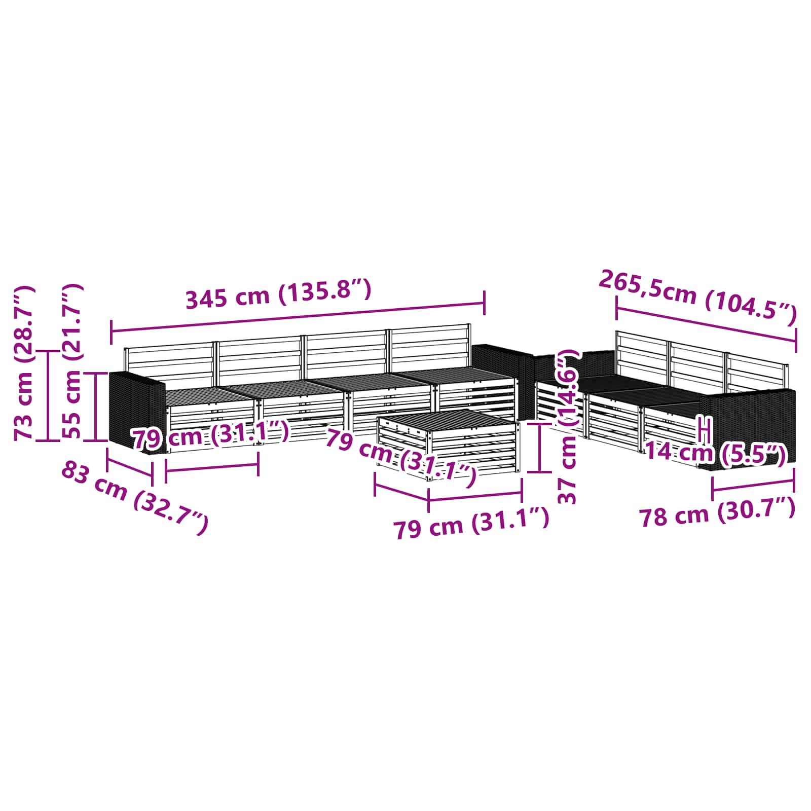 Set vanjskih sofa 8 pcs Prirodna 79 x 79 x 37 cm